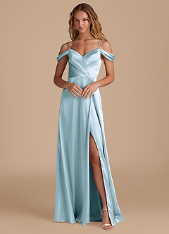 Azazie Ocean Bridesmaid Dresses Sky Blue A-Line Off the Shoulder Metallic Satin Dress image1