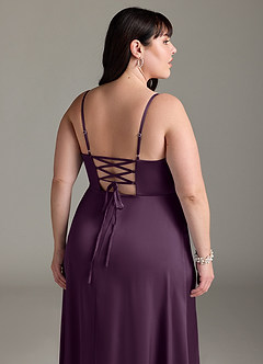 Azazie Marchella Bridesmaid Dresses Plum A-Line Corset Stretch Satin Dress image12