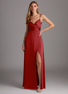 Azazie Calissa Vente finale Robe Trapèze en Satin extensible Col V plissé Grenade image1