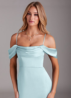 Azazie Saige Bridesmaid Dresses Cloud Blue Sheath Off the Shoulder Stretch Satin Dress image2