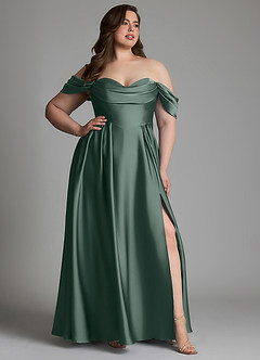 Azazie Loisa Vestidos de damas de honor Vestido Musgo Marino de Satén Elástico de Línea A con Hombros descubiertos image13