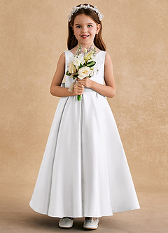 Azazie Honey Bear Flower Girl Dresses White A-Line Pleated Matte Satin Dress image3