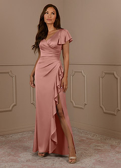 Azazie Roya Mother of the Bride Dresses Rosette Mermaid V-Neck Pleated Stretch Satin Dress image1