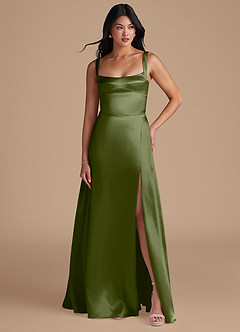 Azazie Hope Bridesmaid Dresses Olive A-Line with Pockets Metallic Satin Dress image5
