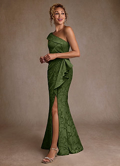 Azazie Hampton Kleider für die Brautmutter Meerjungfrau-Linie One-Shoulder Blumen-Burnout Kleid Olivgrün image2
