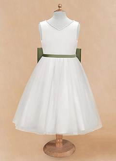 Azazie Seline Flower Girl Dresses Ivory Pistachio A-Line Bow Tulle Dress image6