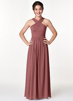 Azazie Jiya Junior Desert Rose A-Line Pleated Mesh Dress image4