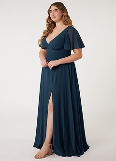 Azazie Kimber Robes de demoiselle d'honneur Robe Trapèze en Mousseline de soie Manches à volants Bleu Marine Foncé image9