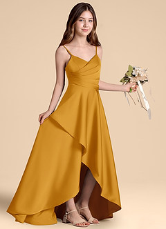 Azazie Prisha Junior Butterscotch A-Line Pleated Stretch Satin Dress image8