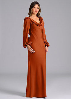 Azazie Rylina Bridesmaid Dresses Burnt Orange Mermaid Long Sleeve Stretch Satin Dress image3