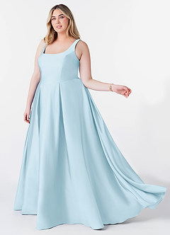 Azazie Neve Vestidos de damas de honor Vestido de Azul Cielo de Satén Elástico de Corte Princesa con Con bolsillos image9