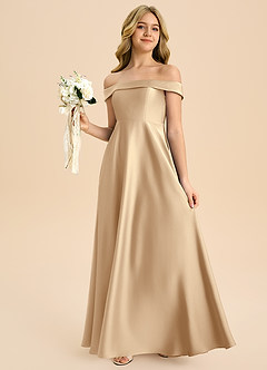 Azazie Sissy Junior Champagne A-Line Off the Shoulder Stretch Satin Dress image3