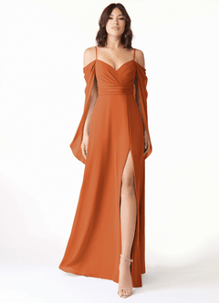 Azazie Cienna Bridesmaid Dresses Cinnamon A-Line Off the Shoulder Chiffon Dress image1