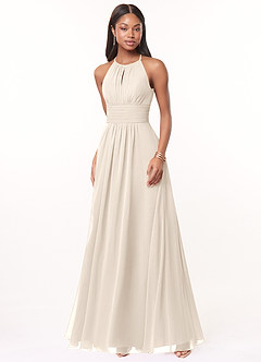 Azazie Bonnie Brautjungfernkleider A-Linie Schlüsselloch Gerüscht Chiffon Kleid Alabaster Weiß image5