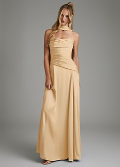 Azazie Gabriela Bridesmaid Dresses Gold A-Line Corset Stretch Satin Dress image1