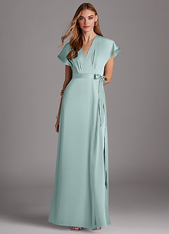 Azazie Nico Bridesmaid Dresses Sea Glass A-Line V-Neck Stretch Satin Dress image1