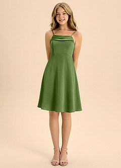 Azazie Anselie Junior Jurk van Stretch Satijn met A-Lijn Geplooid Jeneverbes image5