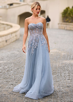 Celeste Azul Polvoriento Vestido de graduación de encaje transparente con pedrería image8