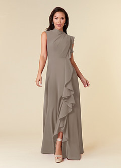 Azazie Narine Abiti per la Madre della Sposa Abito A-Line in Chiffon con Scollo Alto a Pieghe Taupe image3