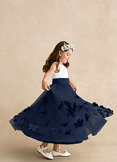 Azazie Vi Flower Girl Dresses Dark Navy A-Line Sleeveless Tulle Dress image2