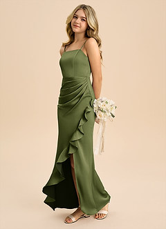 Azazie Buzzy Junior Olive Sheath Pleated Stretch Satin Dress image6