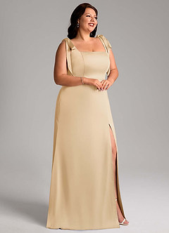 Azazie Frostine Bridesmaid Dresses Gold A-Line Bow Stretch Satin Dress image3