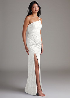 Azazie Eren Bridesmaid Dresses White Sheath One Shoulder Floral Burnout Dress image3