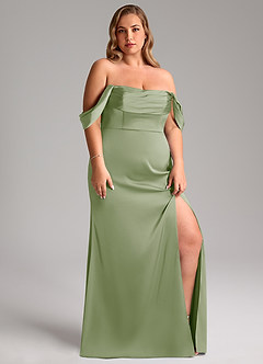 Azazie Saige Bridesmaid Dresses Dusty Sage Sheath Off the Shoulder Stretch Satin Dress image13