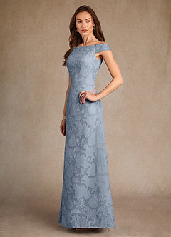 Azazie Moore vestidos de madre de la novia Vestido de Azul Polvoriento de Devorado Floral de Corte En A con Cuello de barco image4