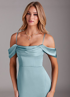 Azazie Saige Vestidos de damas de honor Vestido de Azul Malhumorado de Satén Elástico de Corte Recto con Vestidos sin tirantes image2
