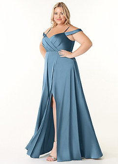 Azazie Ocean Robes de demoiselle d'honneur Robe Trapèze en Satin extensible Col V plissé Acier Bleuté image8