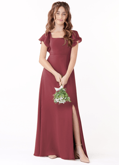 Azazie Bondi Junior Merlot A-Line Bow Chiffon Dress image1