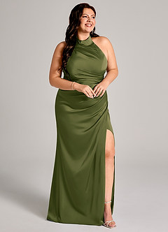 Azazie Jemma Vestidos de damas de honor Vestido Oliva Brillante de Satén Elástico de Corte Recto con Plisado image12