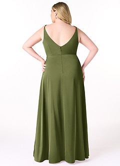 Azazie Dalilah Final Sale Olive A-Line V-Neck Pleated Stretch Satin Dress image7
