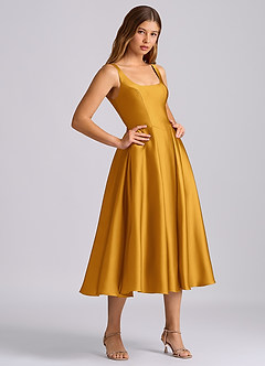 Azazie Amalie Bridesmaid Dresses Butterscotch A-Line Pleated Stretch Satin Dress image4