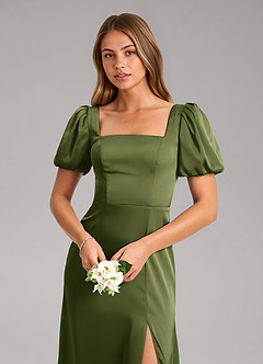 Azazie Fyona Bridesmaid Dresses Olive A-Line Pleated Stretch Satin Dress image6