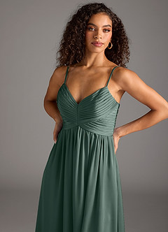 Azazie Alia 신부 들러리 드레스 A라인 주름진 스트레치 새틴 바닥 길이 드레스 image3