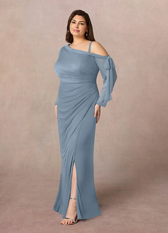 Azazie Marna Mother of the Bride Dresses Dusty Blue Sheath One Shoulder Mesh Dress image2