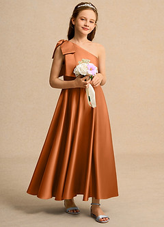 Azazie Guppy Girls Formal Flower Girl Dresses Copper A-Line One Shoulder Matte Satin Dress image1