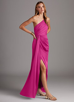Azazie Mika Vestidos de damas de honor Vestido de Fucsia de Satén Elástico de Corte Recto con Hombro unilateral image4