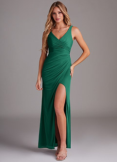 Azazie Leandra Bridesmaid Dresses Emerald Mermaid V-Neck Pleated Mesh Dress image1