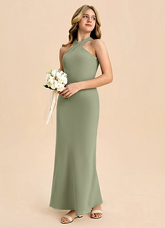 Azazie Doretta Junior Dusty Sage Sheath Pleated Chiffon Dress image6