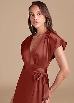 Azazie Nico Bridesmaid Dresses Terracotta A-Line Pleated Metallic Satin Dress image2