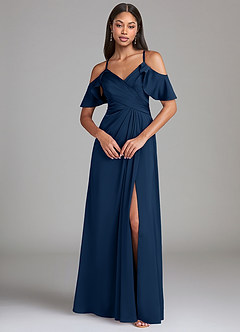 Azazie Dakota Bridesmaid Dresses Dark Navy A-Line Off the Shoulder Stretch Satin Dress image3