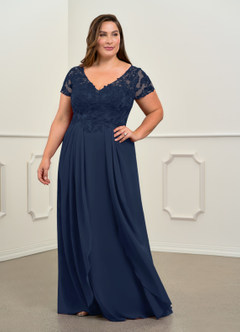 Azazie Dunja Mother of the Bride Dresses Dark Navy A-Line V-Neck Lace Chiffon Dress image3