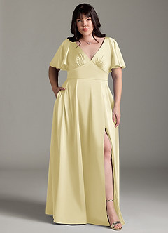 Azazie Kimber Bridesmaid Dresses Lemon Sorbet A-Line Ruched Stretch Satin Dress image7