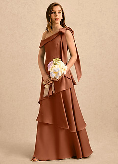 Azazie Shyloh Girls Formal Robe Demoiselle D'honneur Fillette Robe Trapèze en Satin extensible Épaule décolletée Cuivre image3