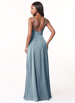 Azazie Brielle Bridesmaid Dresses Dusty Blue A-Line Cowl Spaghetti Straps Stretch Satin Dress image2