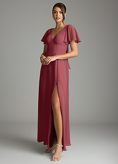 Azazie Kimber Bridesmaid Dresses Merlot A-Line Flounce Sleeve Chiffon Dress image5