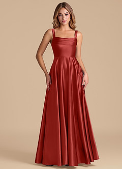 Azazie Shaude Bridesmaid Dresses Rust A-Line Pleated Metallic Satin Dress image5